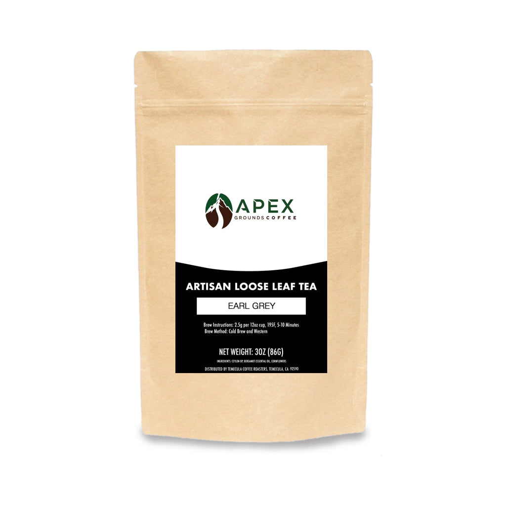 Earl Grey loose leaf tea package featuring artisan blend of Ceylon tea and bergamot.